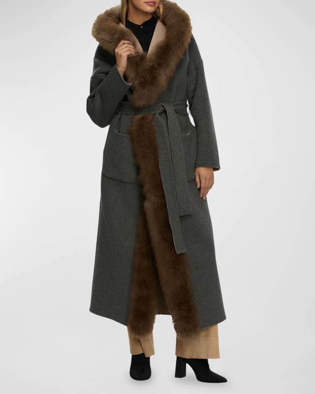 Reversible Cashmere Wrap Parka Jacket With Cashmere Goat Shearling Trim