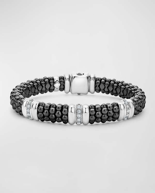 Three-Station Black Caviar Bracelet with Diamonds, 9mm