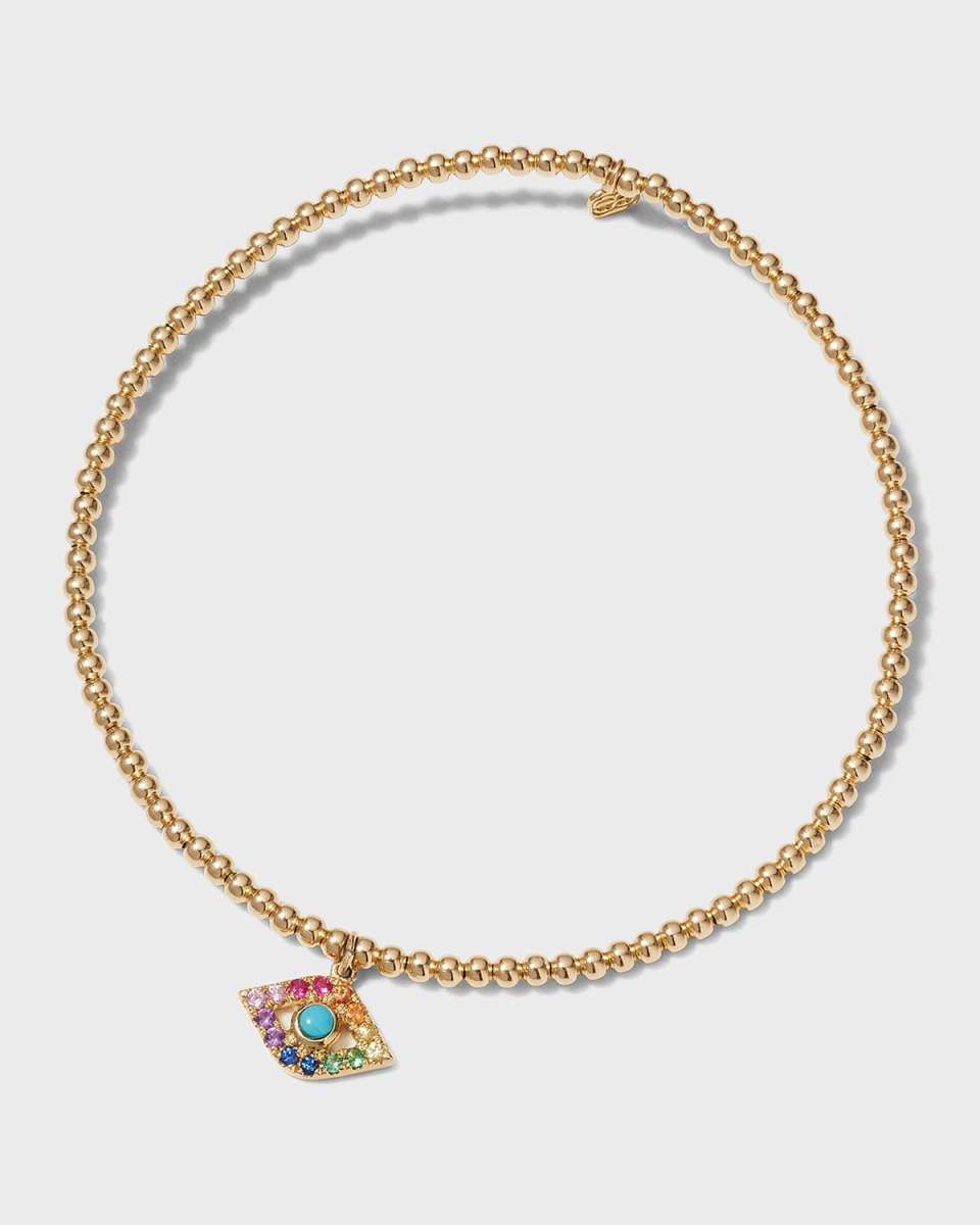 2mm Gold Bead Bracelet with Rainbow Evil Eye