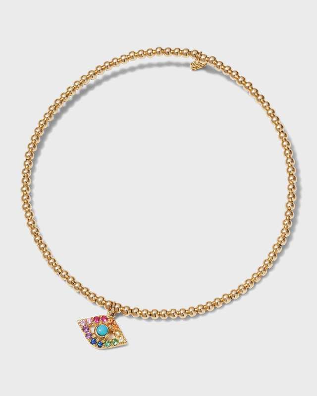 2mm Gold Bead Bracelet with Rainbow Evil Eye