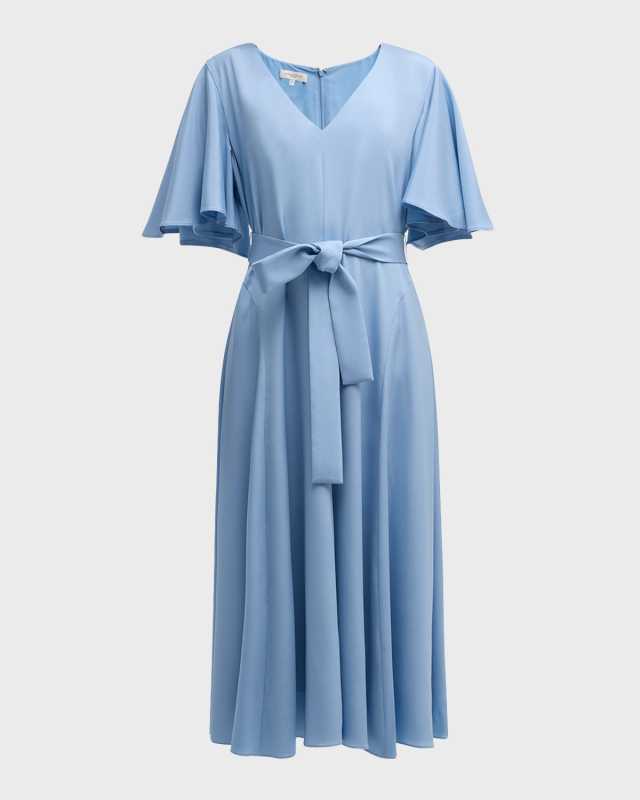 Flutter-Sleeve Stretch Georgette Midi Dress