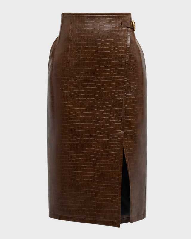 Leona Crocodile-Effect Midi Skirt