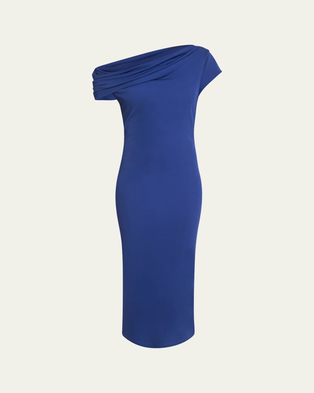 Draped Off-The-Shoulder Sheath Midi Dress