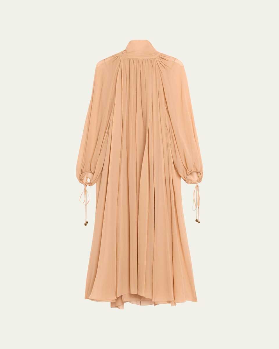 High-Neck Tie Long-Sleeve Silk Gown