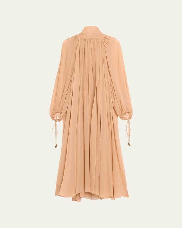 High-Neck Tie Long-Sleeve Silk Gown