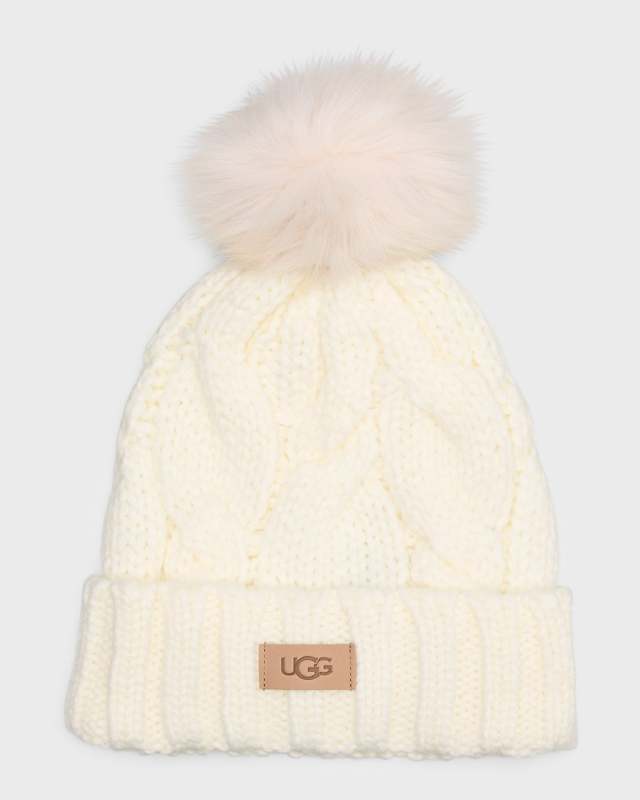 Cable Knit Beanie With Faux Fur Pom