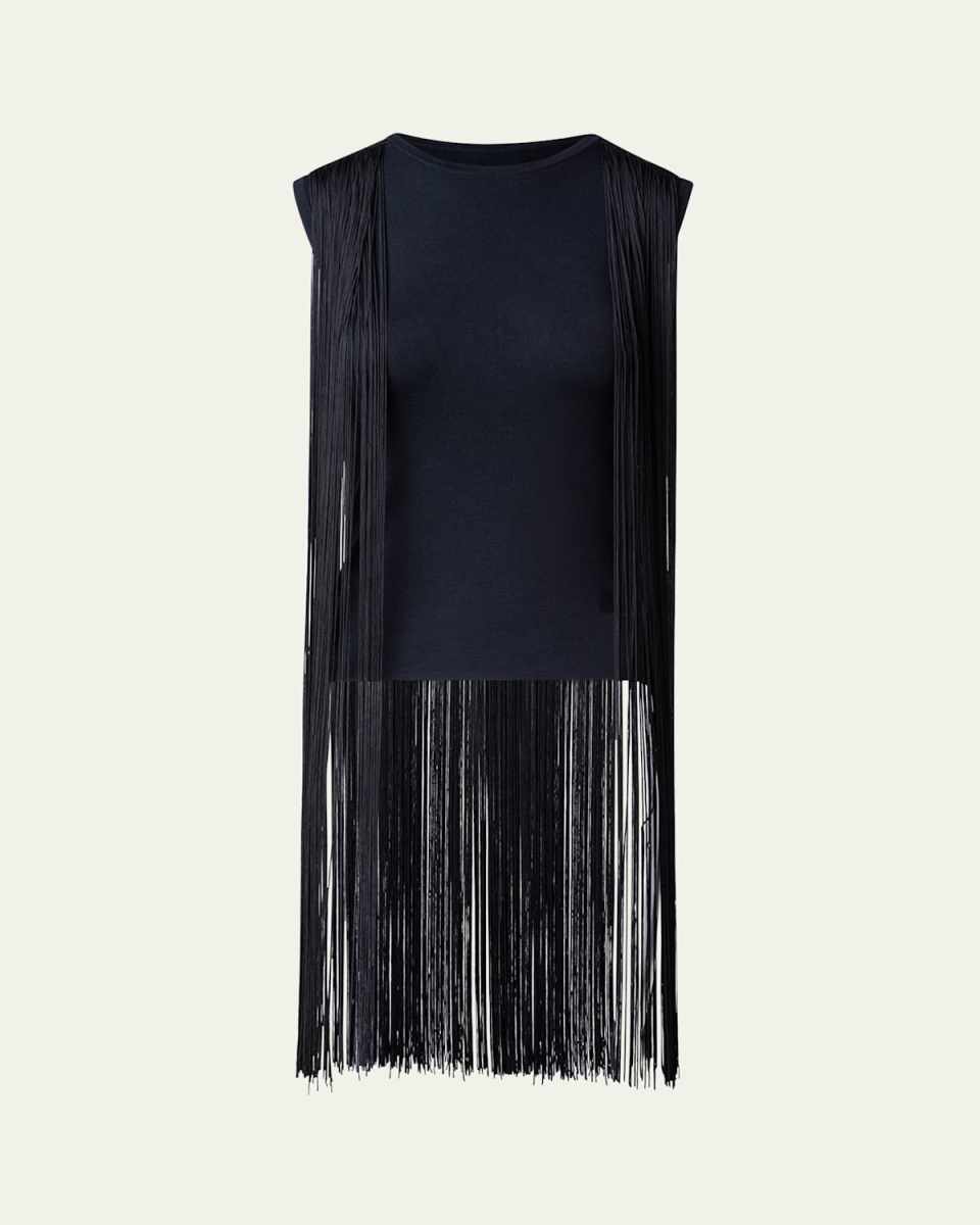 Long Fringe Silk-Lurex Knit Sweater