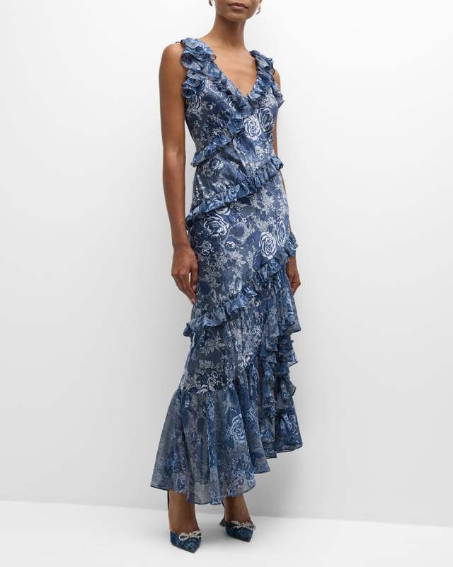 Ora Indigo Floral Sleeveless Maxi Dress