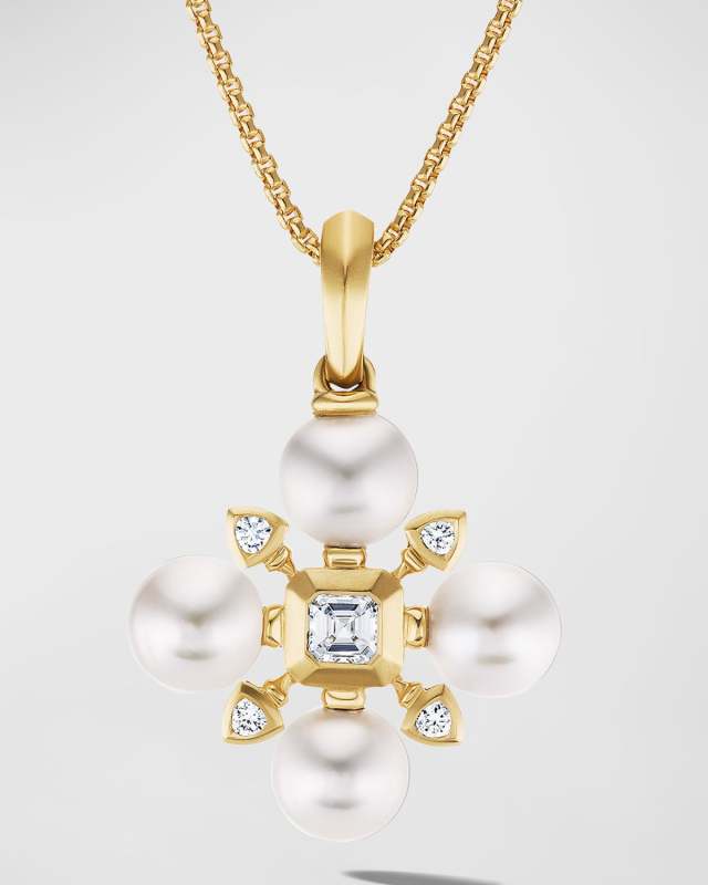 Renaissance Pendant Necklace with Pearls and Diamonds in 18K Gold, 20mm, 16-18"L