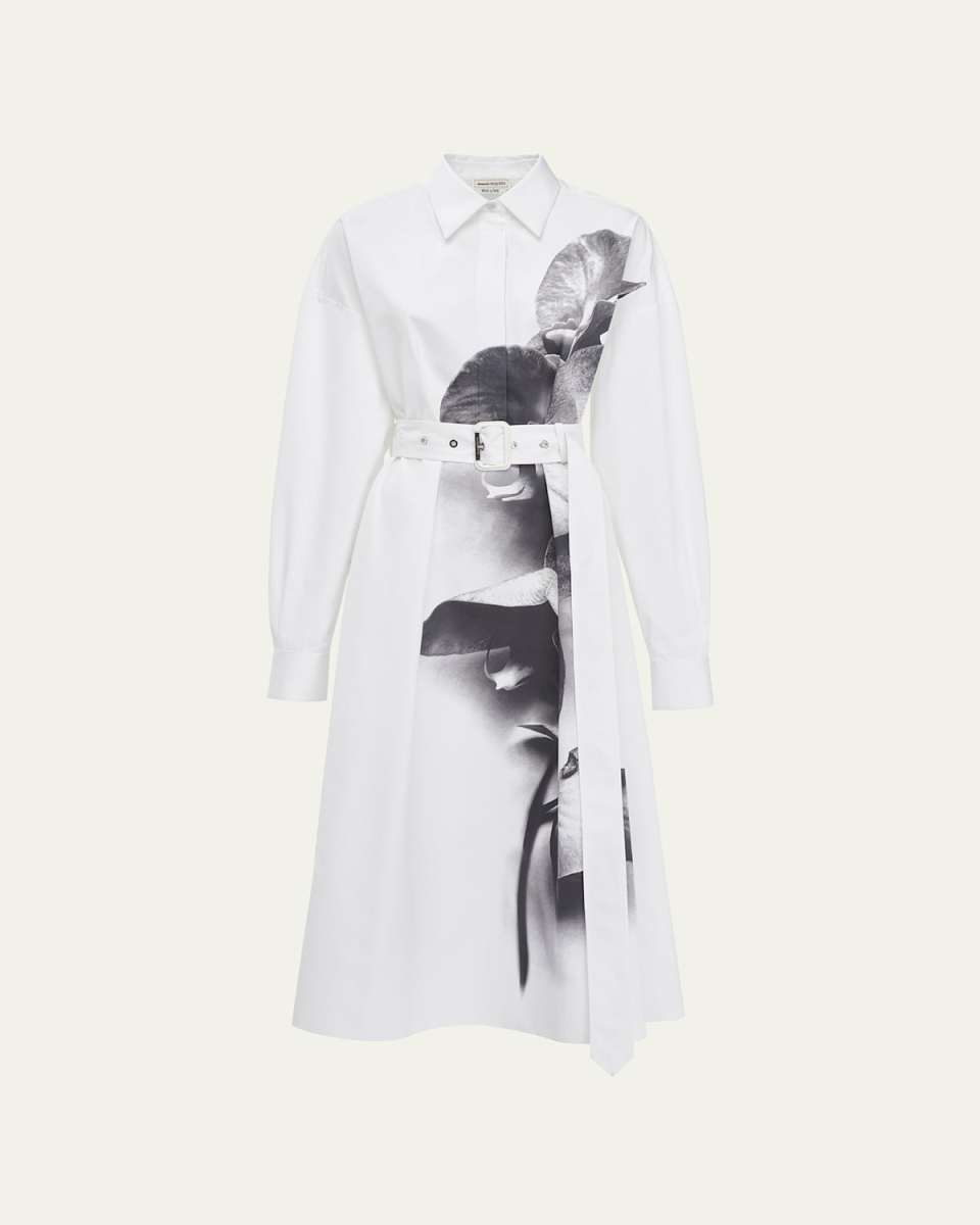 Orchid-Print Poplin Belted Midi Shirtdress