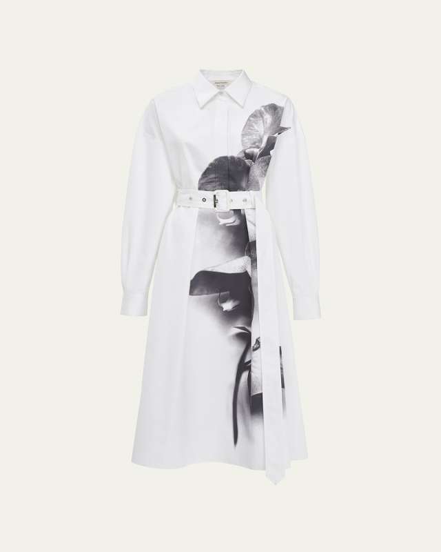 Orchid-Print Poplin Belted Midi Shirtdress