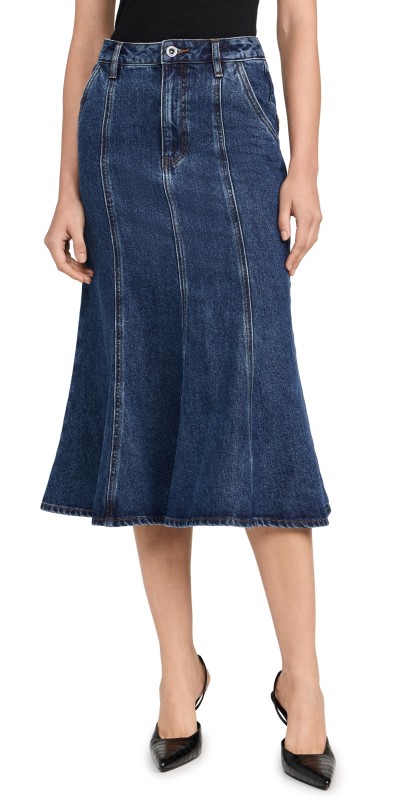 Self Portrait Flared Denim Midi Skirt Blue