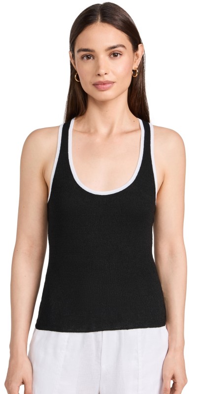 James Perse Stretch Linen Ringer Tank Black/ White