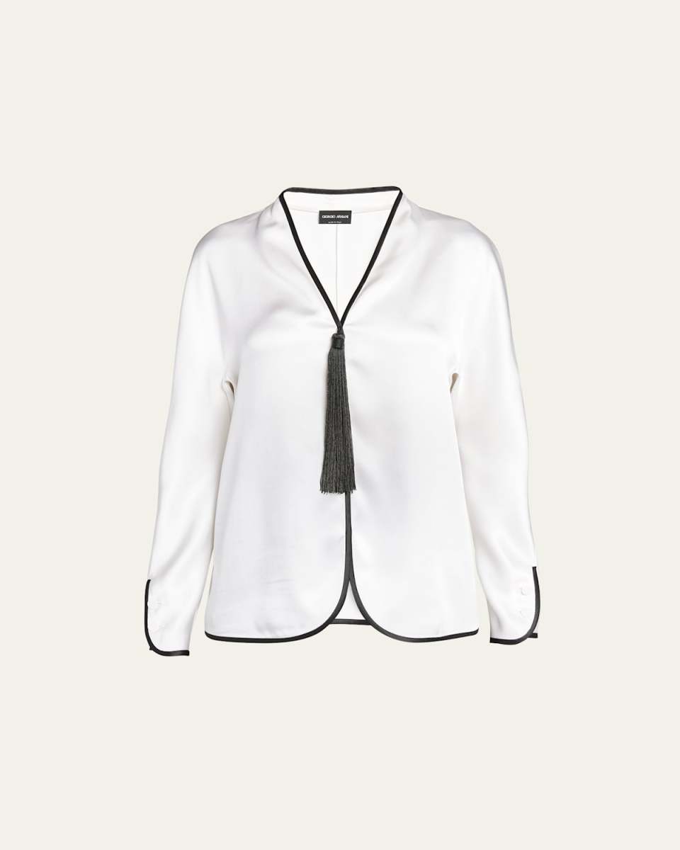 Tassel Silk Blouse with Contrast Tipping