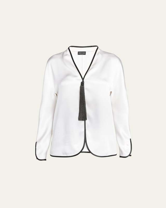 Tassel Silk Blouse with Contrast Tipping