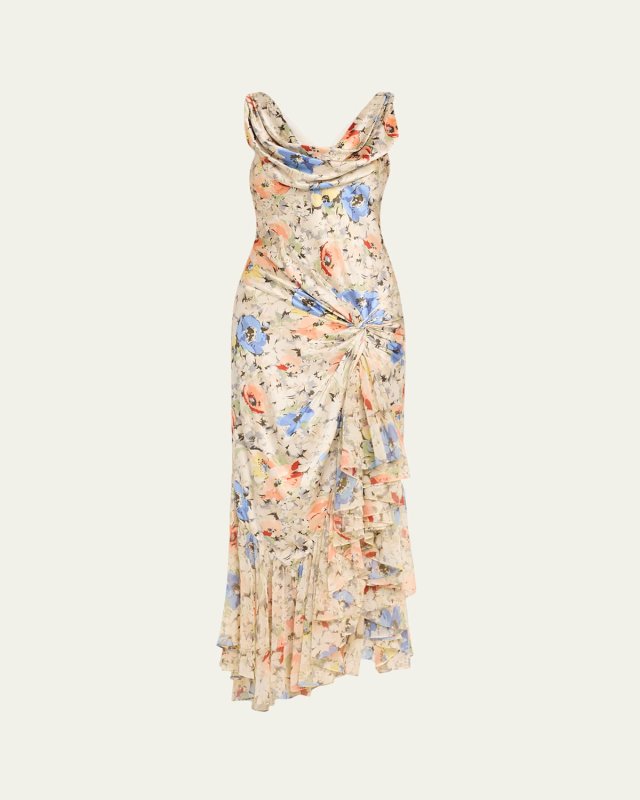 Ciara Floral Silk Sleeveless Ruffled Flounce Midi Dress