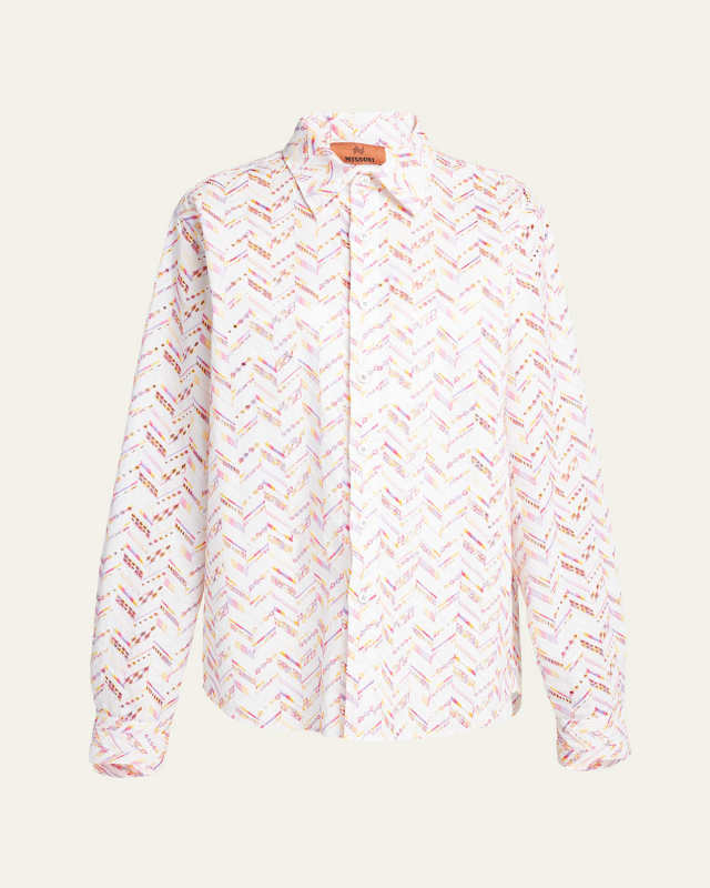 Chevron Broderie Anglaise Long-Sleeve Collared Shirt