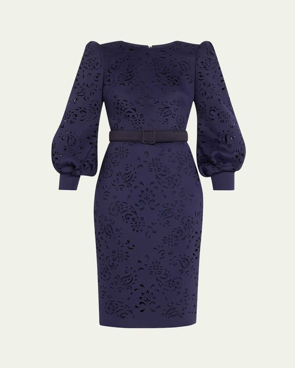 Blouson-Sleeve Paisley Cutout Dress