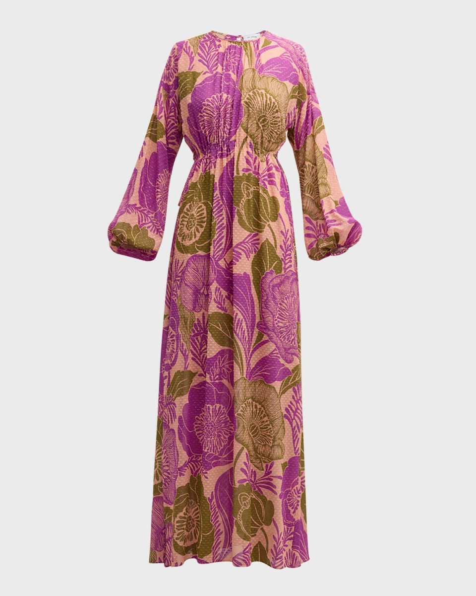California Poppies-Print Long-Sleeve Metallic Fils Coupes Maxi Dress