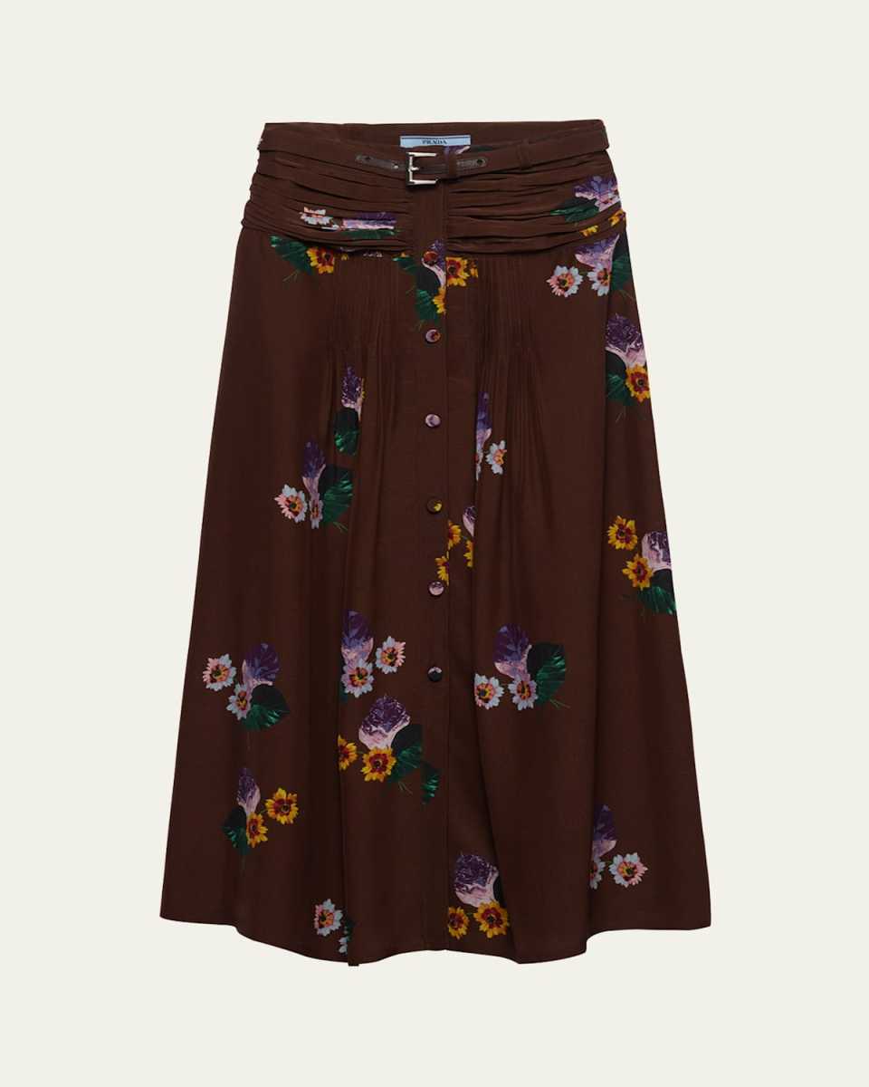 Floral Drape-Waist Leather Belted Midi Skirt