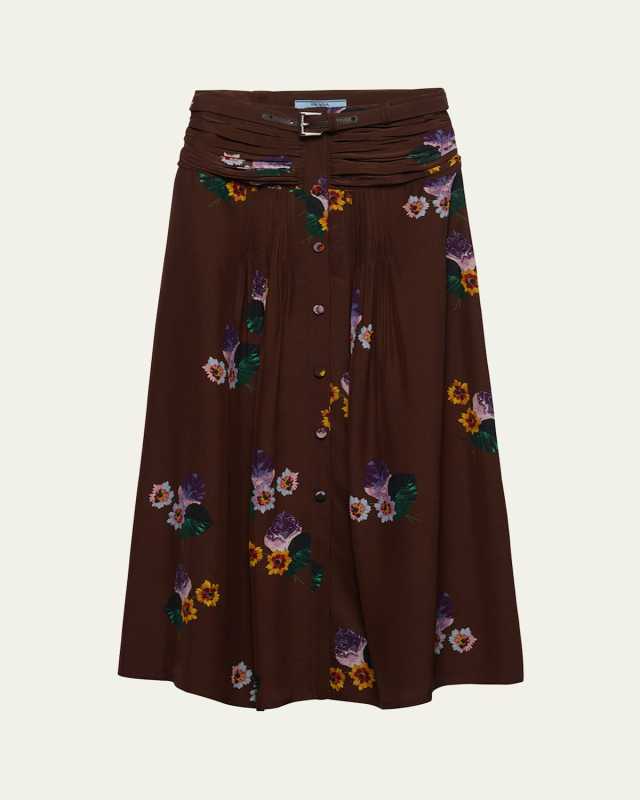 Floral Drape-Waist Leather Belted Midi Skirt