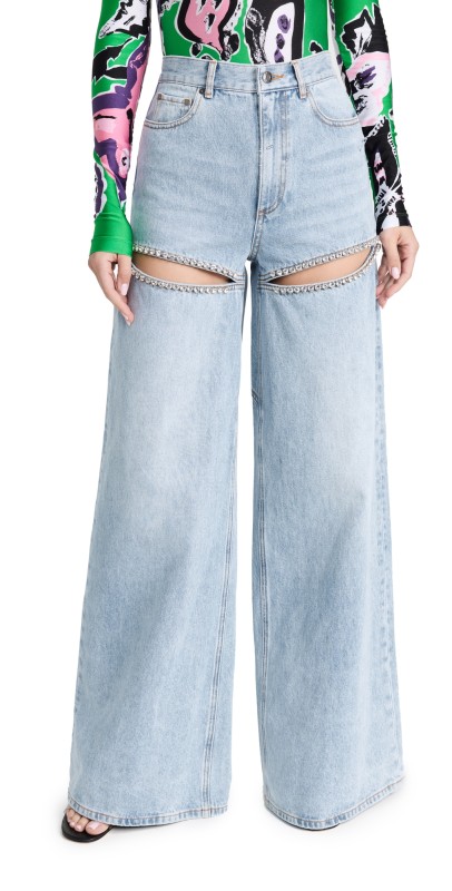 AREA Wide Leg Crystal Slit Jeans Light Blue