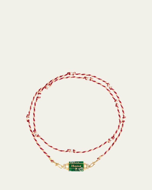 ​18K Yellow Gold Pearls and Diamonds Home Box Locket Cord Necklace