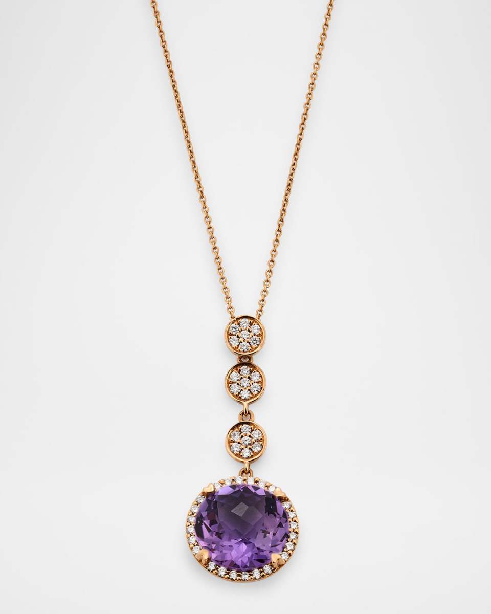 Rocks 18K Rose Gold Petite Amethyst Diamond Halo and Triple Disc Pendant Necklace