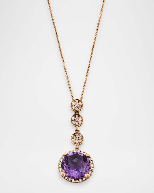 Rocks 18K Rose Gold Petite Amethyst Diamond Halo and Triple Disc Pendant Necklace
