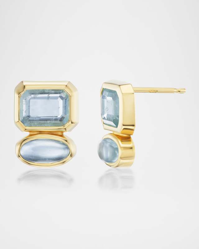 14K Gold Two-Stone Stud Earrings with Mint Tourmaline and Aquamarine