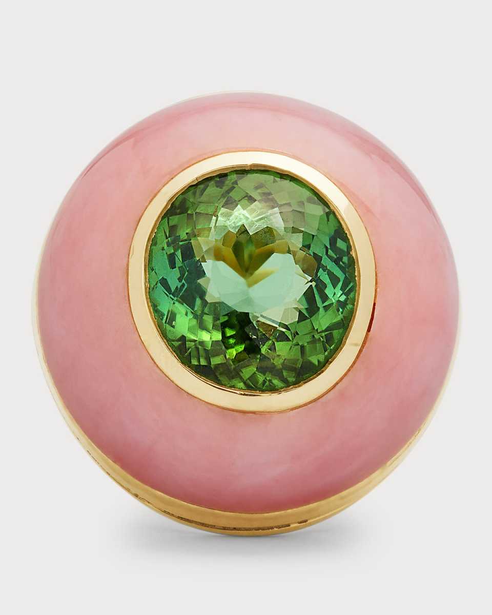 14k Yellow Gold Green Tourmaline & Pink Opal Ring