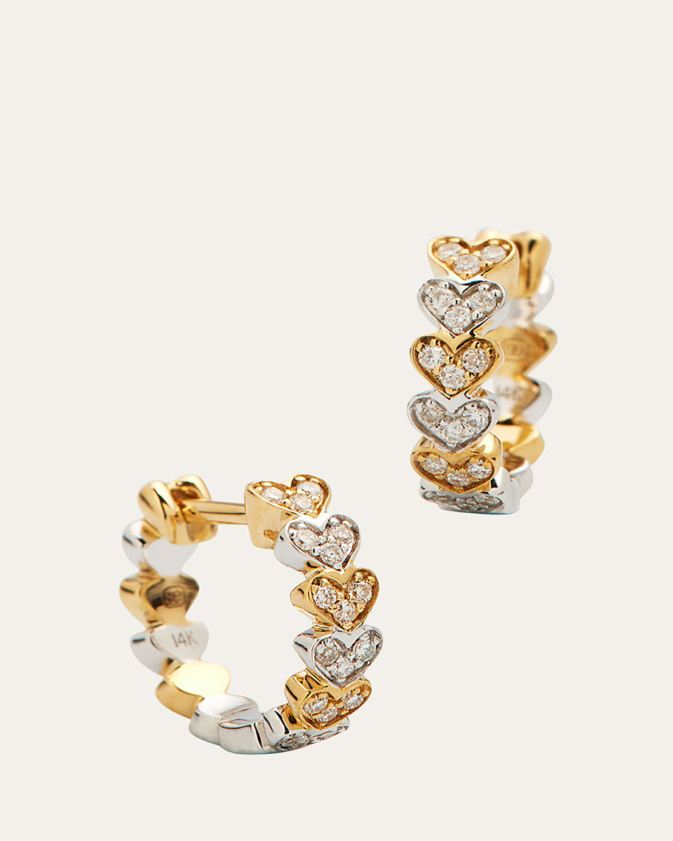 14k Two-Tone Gold Diamond Heart Huggie Earrings