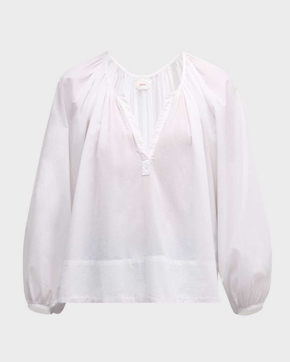 Harris Ruched Blouson-Sleeve Cotton Top