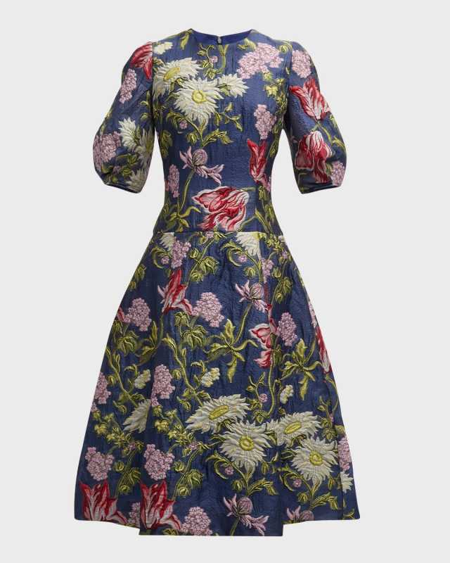 Puff-Sleeve Floral Jacquard Midi Dress