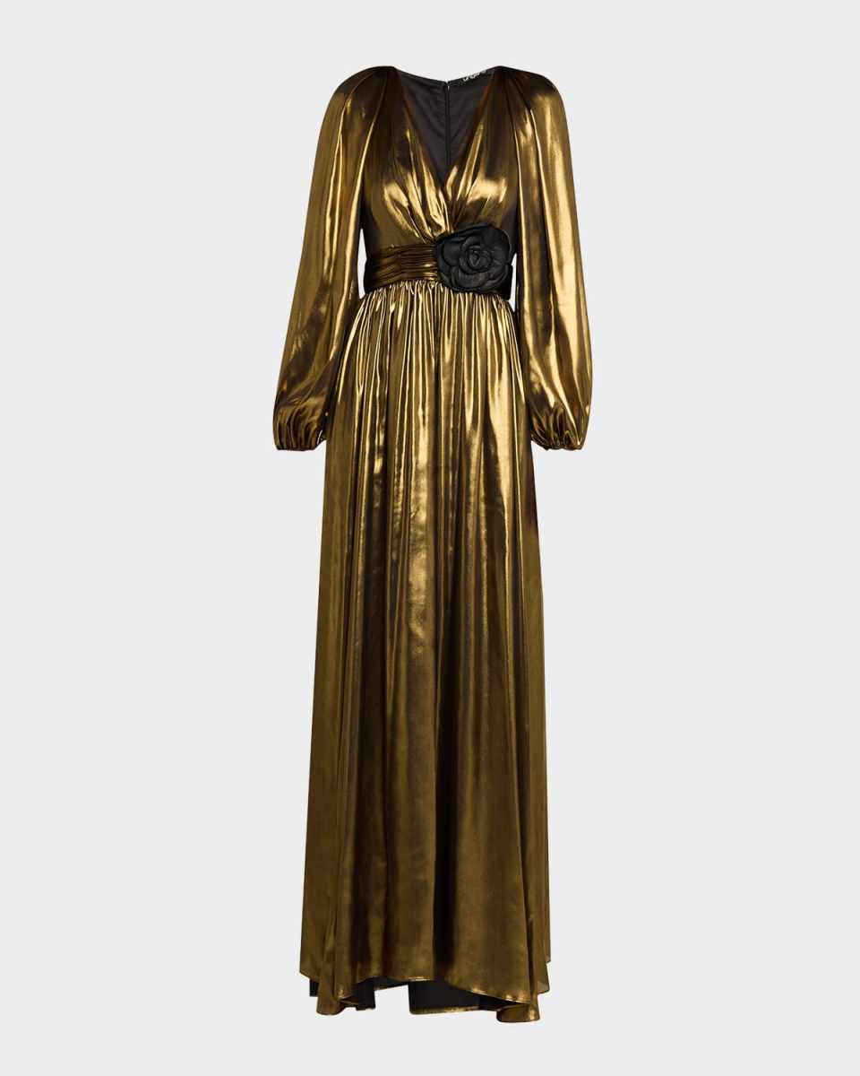 Blouson-Sleeve Metallic Foile Gown