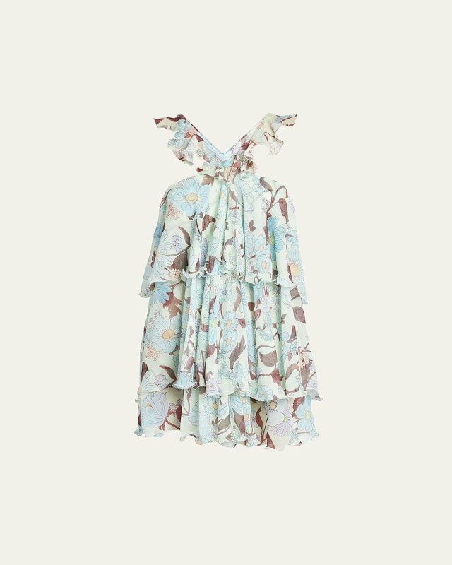 Floral Chiffon Sleeveless Halter Mini Dress