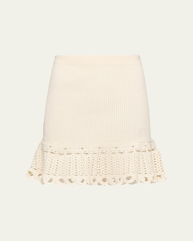 Logo-Embroidered Rib Mini Skirt with Crochet Hem