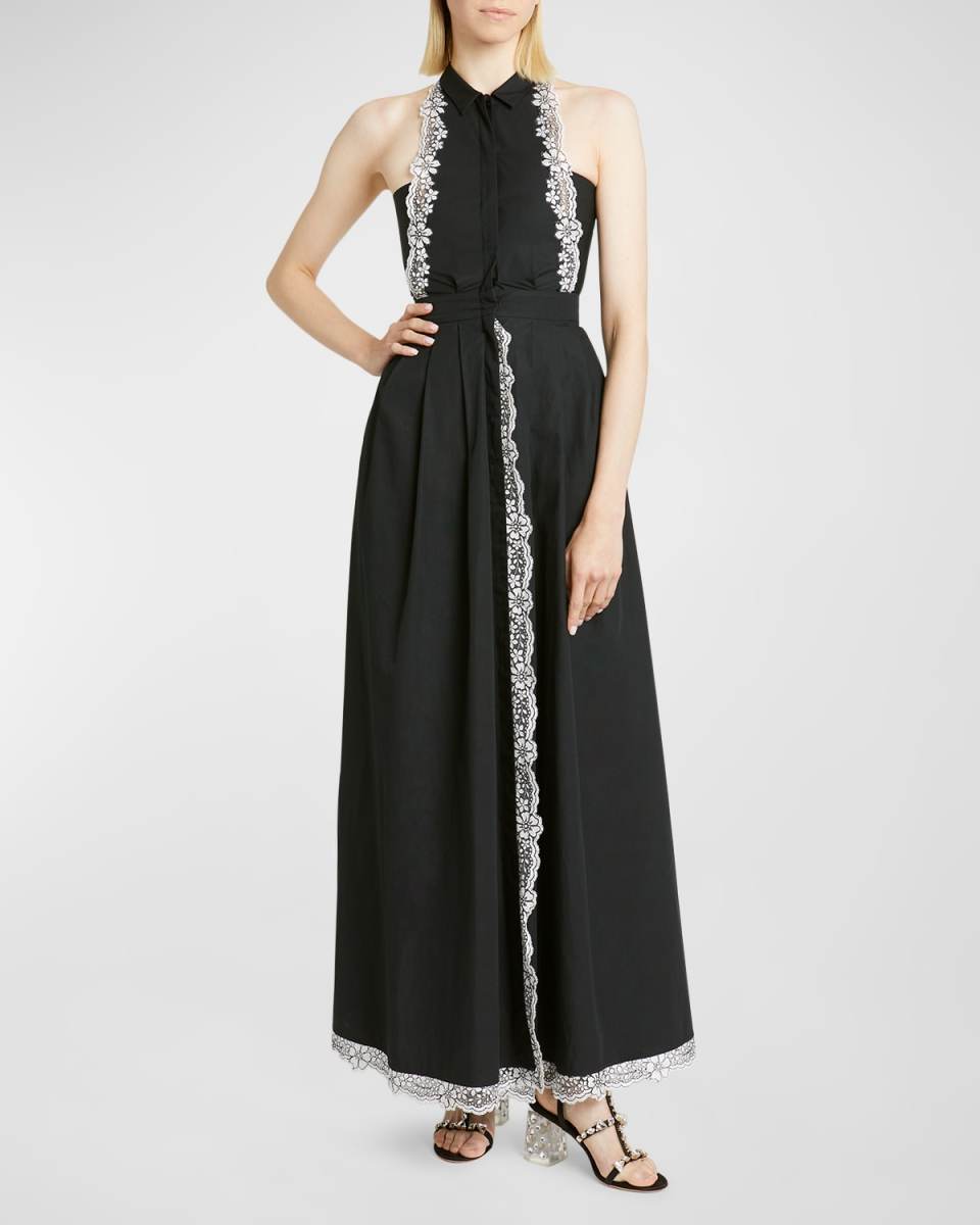 Lace-Trim Pleated Sleeveless Maxi Shirtdress