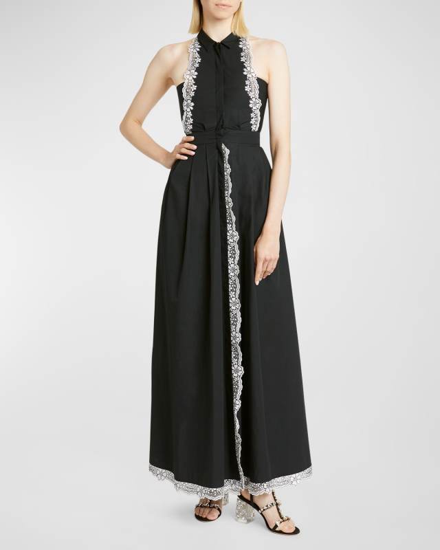 Lace-Trim Pleated Sleeveless Maxi Shirtdress