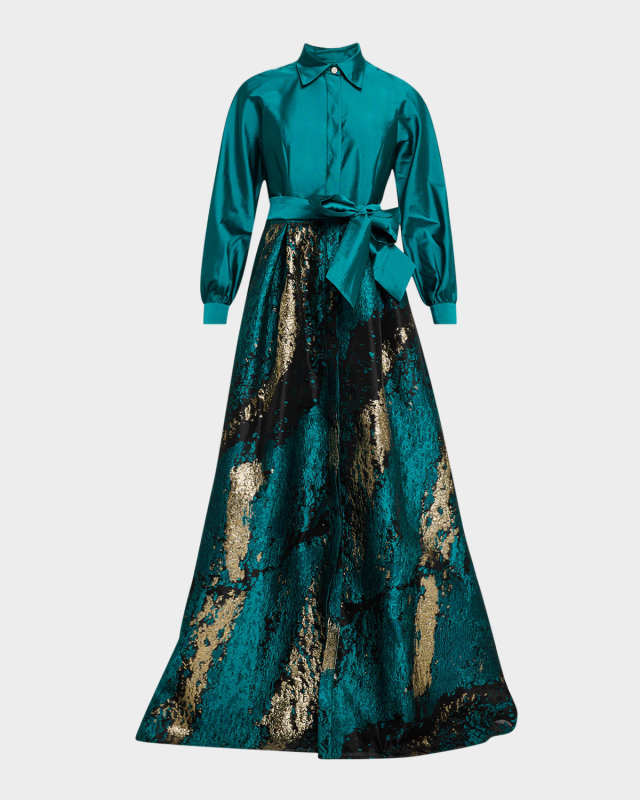 A-Line Taffeta & Metallic Jacquard Shirt Gown