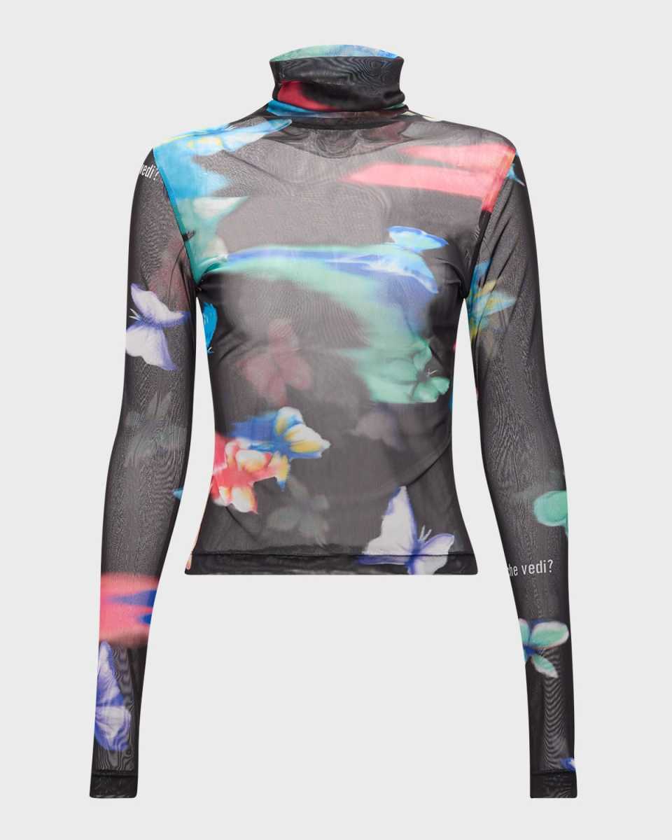 Butterfly-Print Tulle Turtleneck Top