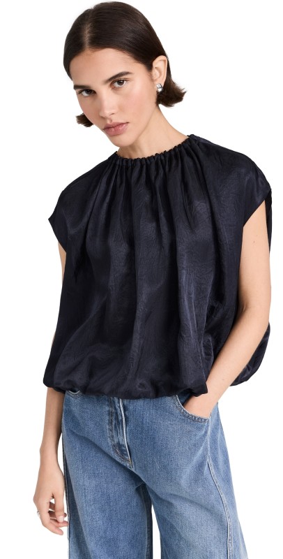 Tibi Spring Acetate Shirred Neck Circular Top Dark Navy