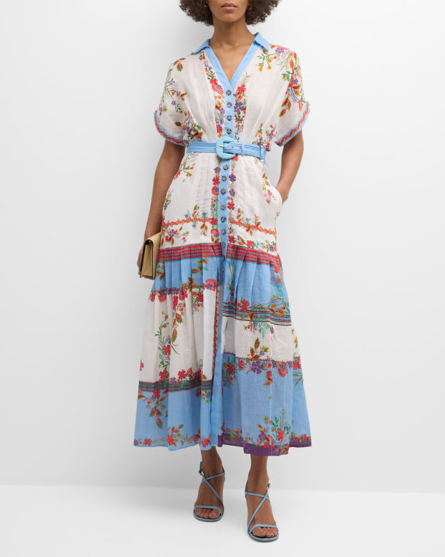 Riya-B Belted Floral Linen Maxi Shirt Dress