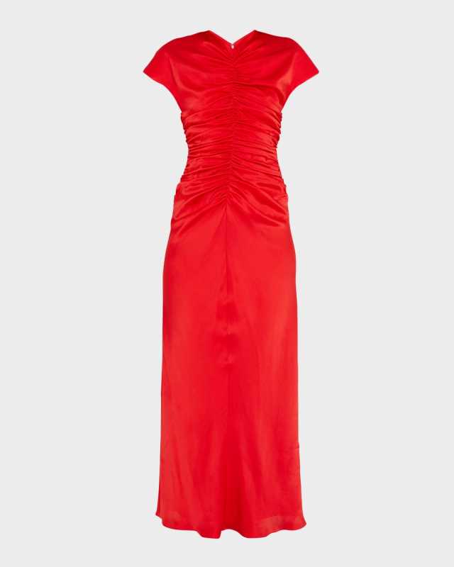 Aubree Short-Sleeve Ruched Silk Midi Dress