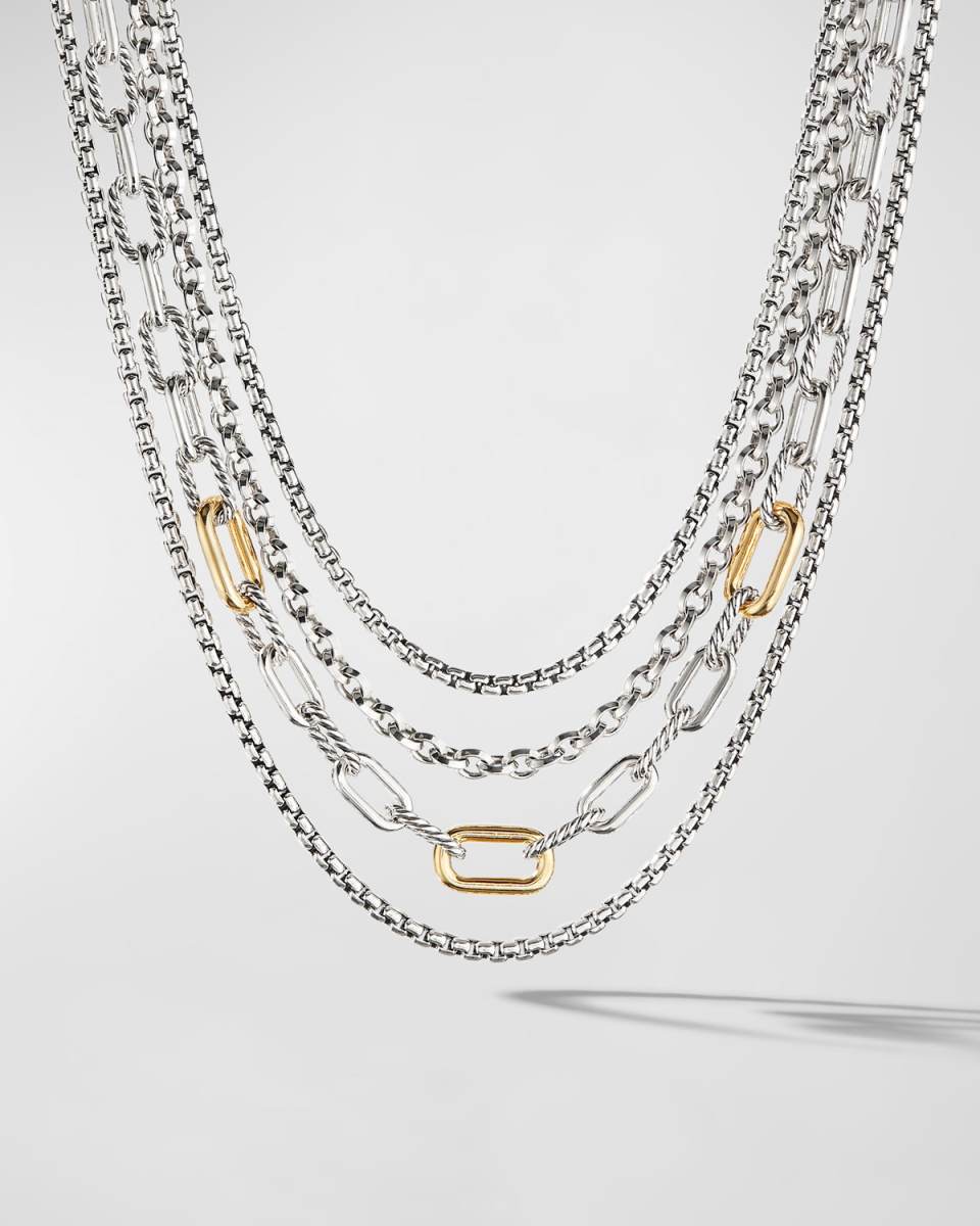 Four Row Chain Bib Necklace in Silver with Gold, 8.5mm