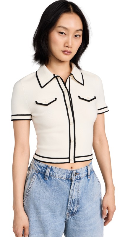 alice + olivia Marlena Button Front Polo Ecru/Black