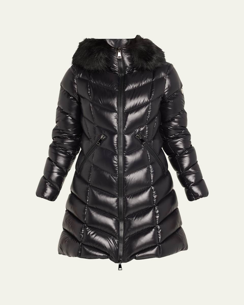 Fulmarus Chevron-Quilted Long Puffer Coat with Faux Fur Trim