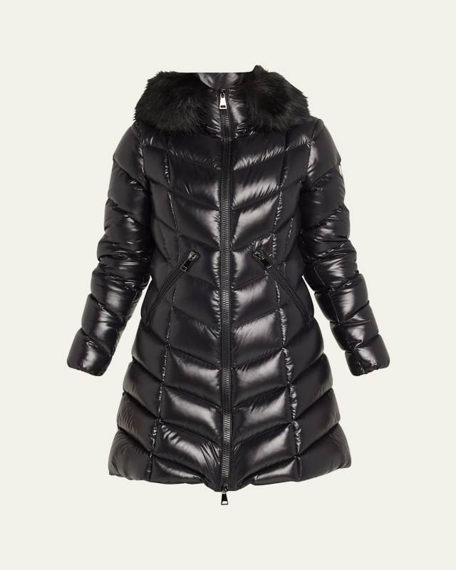 Fulmarus Chevron-Quilted Long Puffer Coat with Faux Fur Trim