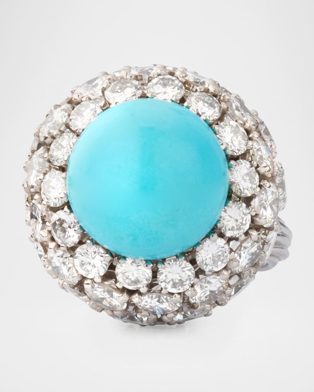 Estate Platinum Turquoise and Diamond Dome Statement Ring, Size 6
