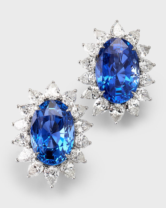 Estate Platinum Oval Ceylon No Heat Sapphire and Diamond Earrings
